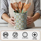 Ceramic Kitchen Utensil Holder for Countertop, Embossed Pattern Crock with Kiln-Fired Finish, Counter Organizer for Cooking Tools , ,Green