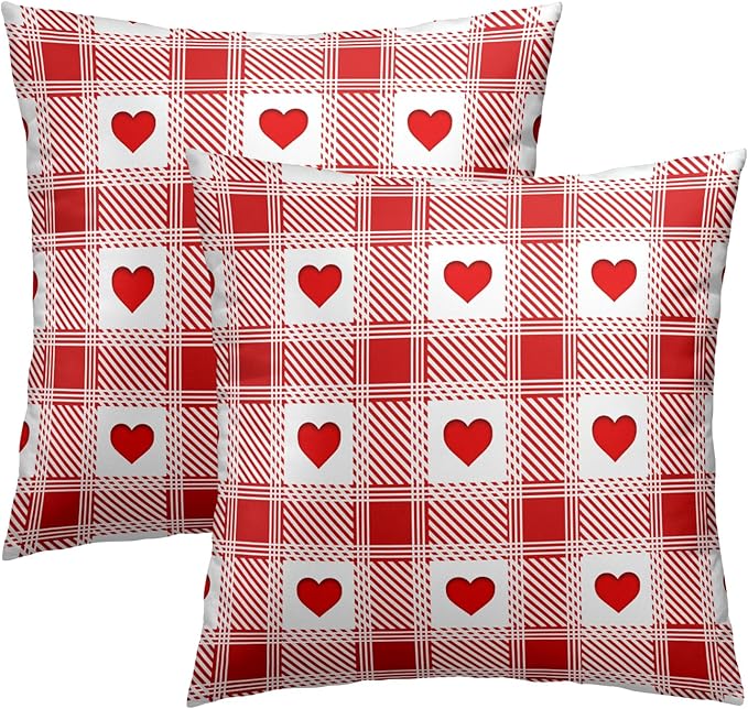 Love Theme Pillow Covers 22x22 Inch, Set of 2 Red White Checkered Romantic Accents Holiday Cotton Square Pillowcases for Sofa Couch Bedroom Living Room Car Home Decor