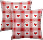 Love Hearts Throw Pillow Covers 18x18 Inch – Pack of 2 Red and White Checkered Plaid Romantic Cotton Hidden Zipper Pillowcases for Couch Sofa Chair Bed Porch Farmhouse Home Decor