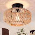 Boho Rattan Ceiling Light Fixture, Mini Rattan Chandelier Lighting Fixture, Hand Woven Ceiling Light Fixtures for Hallway Bedroom Kitchen Entryway Living Room