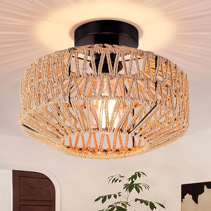 Boho Rattan Ceiling Light Fixture, Mini Rattan Chandelier Lighting Fixture, Hand Woven Ceiling Light Fixtures for Hallway Bedroom Kitchen Entryway Living Room