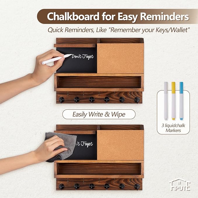 Key Holder for Wall Mount with Mail Organizer, Farmhouse Key Holder for Wall with Shelf, Chalkboard&Corkboard, Entryway Organizer 11 Metal Hooks, Decorative Natural Pine Wood, 14.6*11.1*3.3”, B-Brown