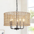 Rattan Chandelier for Dining Room 5-Light Boho Chandeliers Light Fixture Brown and Black Woven Pendant Light Farmhouse Light Fixtures for Living Room,Foyer,Kitchen Island,Coastal,Stairway,Hallway,E12