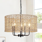 Rattan Chandelier for Dining Room 5-Light Boho Chandeliers Light Fixture Brown and Black Woven Pendant Light Farmhouse Light Fixtures for Living Room,Foyer,Kitchen Island,Coastal,Stairway,Hallway,E12