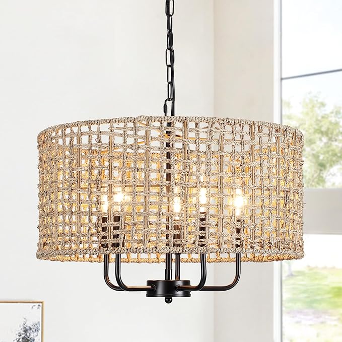 Rattan Chandelier for Dining Room 5-Light Boho Chandeliers Light Fixture Brown and Black Woven Pendant Light Farmhouse Light Fixtures for Living Room,Foyer,Kitchen Island,Coastal,Stairway,Hallway,E12