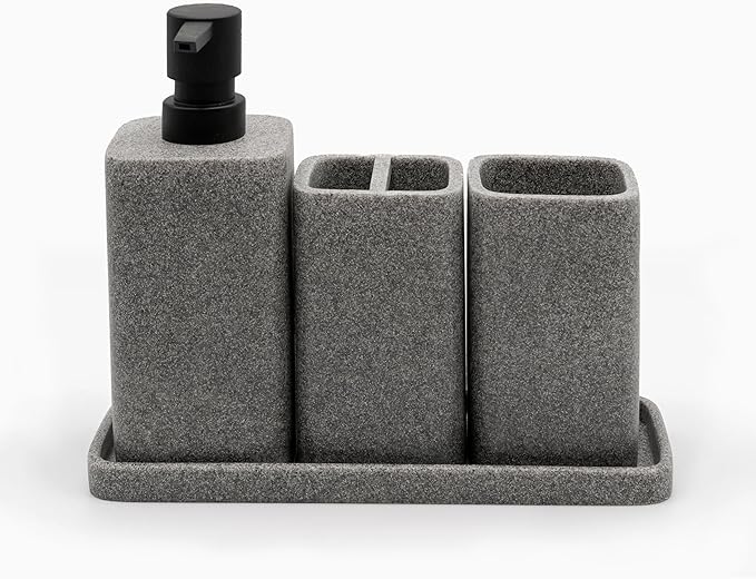 ZCCZ Grey Bathroom Accessory Sets, 4 Pieces Bathroom Accessories Complete Set Vanity Countertop Accessory Set, Includes Lotion Dispenser Soap Pump, Tumbler, Toothbrush Holder and Tray