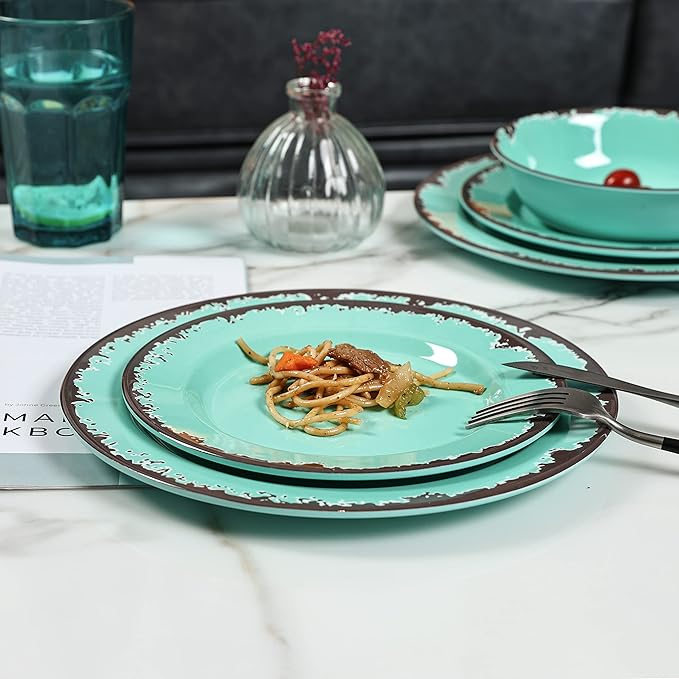 Rustic Melamine Dinnerware Set,12-Piece Plates and Bowls Sets,Yinshine Unbreakable Melamine Dish Set,Lightweight,Service for 4,Dishwasher Safe,Green