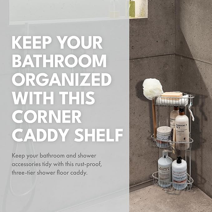 ToiletTree Products Stainless Steel Floor Shower Caddy - Corner Caddy Shelf for Bathroom and Bath Storage - Rust-Proof Caddy for Shampoo, Soap, and More
