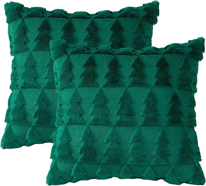 OTOSTAR Set of 2 Xmas Soft Plush Short Wool Velvet Decorative Throw Pillow Covers Square Luxury Style Cushion Case Pillow Shell for Sofa Bedroom Christmas Tree Green, 28x28 Inch