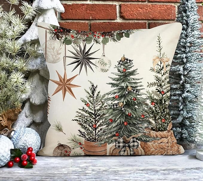 4TH Emotion Christmas Trees Pillow Covers 18x18 Inch Set of 2, Boho Xmas Farmhouse Decorations Winter Holiday Decor Throw Cushion Case for Home Couch S24C38