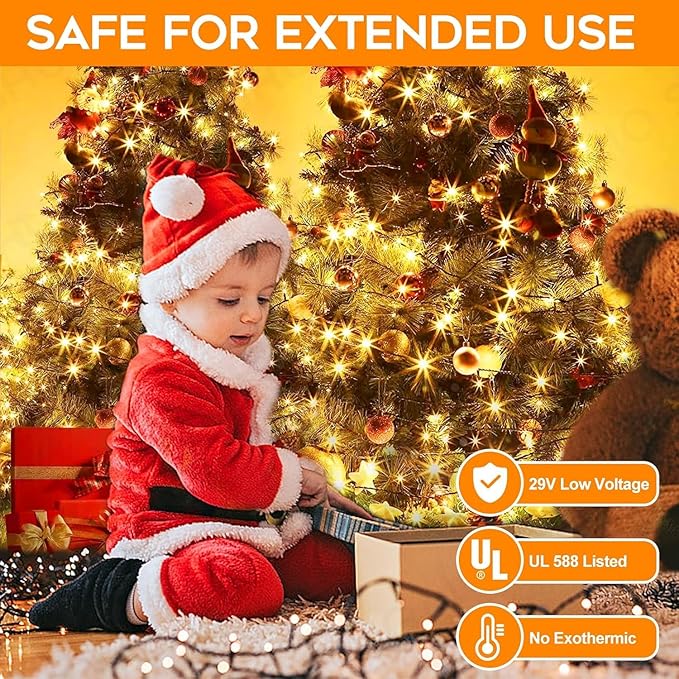 100 LED Christmas String Lights, 33 FT Connectable Waterproof String Lights Green Wire with Timer Memory Function & 8 Modes, for Indoor Outdoor Xmas Trees Party Garden, WarmWhite