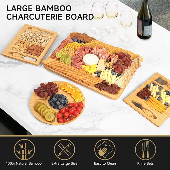 Bamboo Cheese Board Set with Marble, Large Charcuterie Boards and Knife Set, Cheese Platter with 2 Drawers, Include Round Fruit and Meat Cutting Board, Housewarming Gift