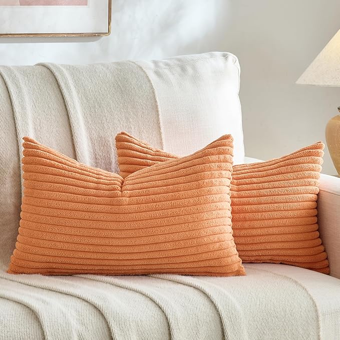 Fancy Homi Set of 2 Orange Fall Lumbar Rectangle Throw Pillow Covers 12x20 Inch for Couch Bed Chair, Autumn Halloween Thanksgiving Gift, Soft Plush Thick Striped Corduroy Aesthetic Home Decor 30x50cm