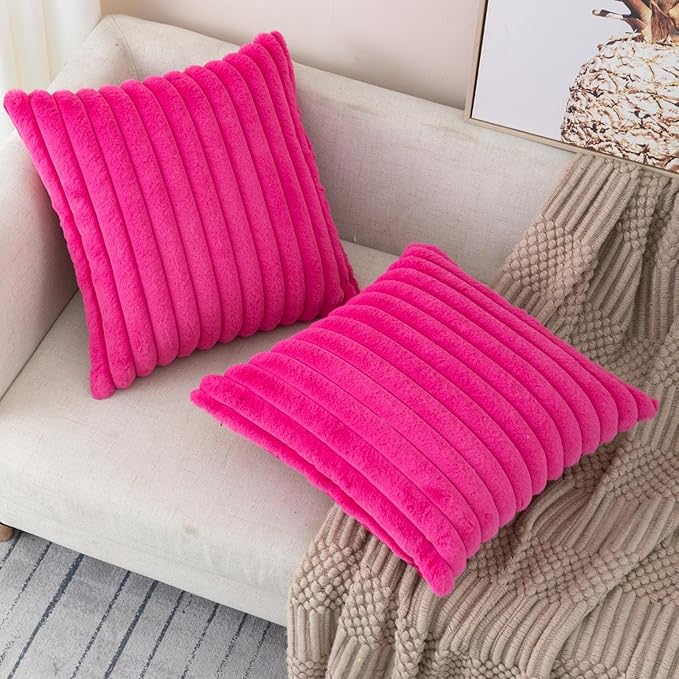 ZLINA Set of 2 Hot Pink Faux Fur Decorative Throw Pillow Covers Fluffy Striped Pillowcase Cushion Covers 22 x 22 Inch Decor Sofa Couch Bedroom