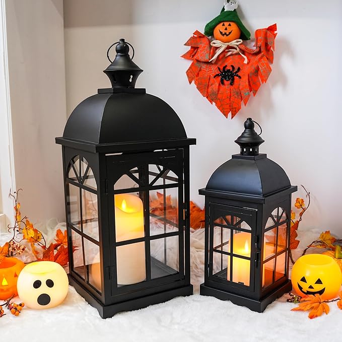 TRIROCKS Set of 2 Decorative Vintage Candle Lanterns 14.5"&20" H Farmhouse Outdoor Hanging Lanterns with Tempered Glass for Porch, Balcony, Patio, Home, Centerpieces, Indoor, Outdoor(Black)
