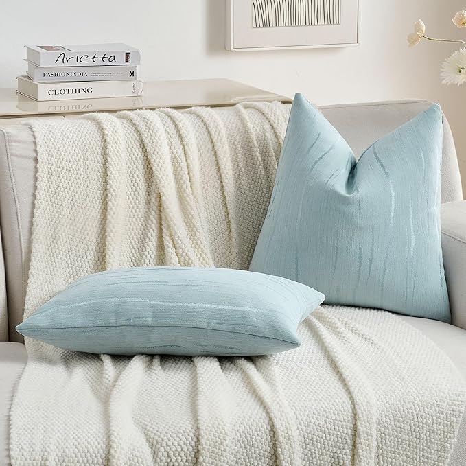 FUTEI Light Blue Chenille Decorative Throw Pillow Covers 18x18 Inch Set of 2,Soft Embossed Striped Textured Cushion Case,Modern Home Decor for Couch Bed Living Room