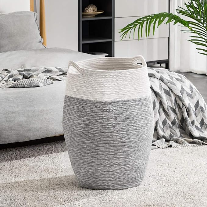 Cotton Rope Laundry Hamper by YOUDENOVA, 105L - Woven Collapsible Laundry Basket - Clothes Storage Basket for Blankets, Laundry Room Organizing, Bedroom Storage, Clothes Hamper – Grey & White