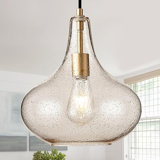 Handcrafted 11-Inch Mid-Century Modern Brass Gold Pendant Light with Seeded Glass Shade - Elegant Dining Room Pendant Light