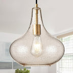 Handcrafted 11-Inch Mid-Century Modern Brass Gold Pendant Light with Seeded Glass Shade - Elegant Dining Room Pendant Light