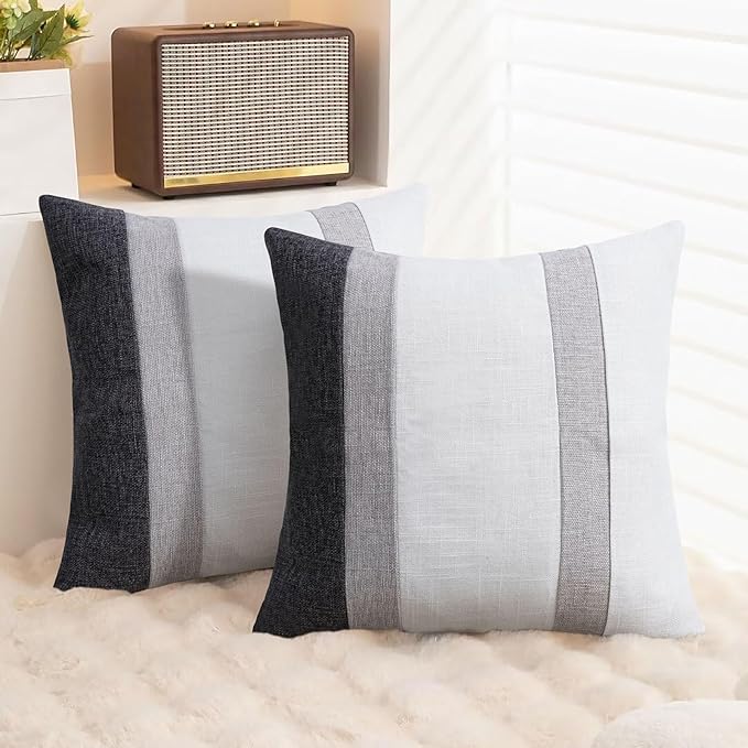 Adabana Modern Pillow Covers 18x18 Set of 2 Farmhouse Decor Patchwork Linen Cushion Covers for Living Room Couch Bed Grey and White