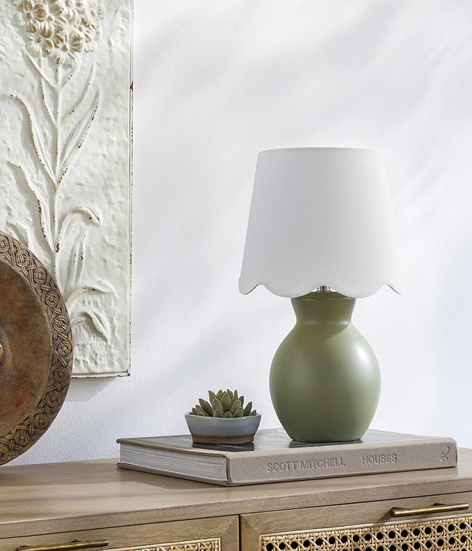 BoutiqueRugs Liliac Boho Ceramic Bedside Table Lamp for Bedroom Nightstand - End Side Lighting for Living Room - Shade Cotton - Green, Beige - 15" H
