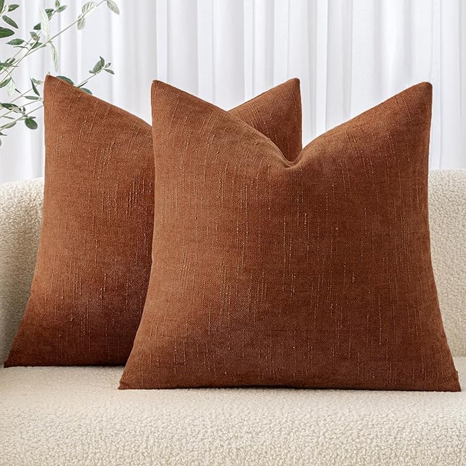 MIULEE Pack of 2 Decorative Throw Pillow Covers Soft Chenille Throw Pillows Solid Textured Euro Cushion Covers for Couch Sofa Bedroom Living Room 22x22 Inch, Dark Rust