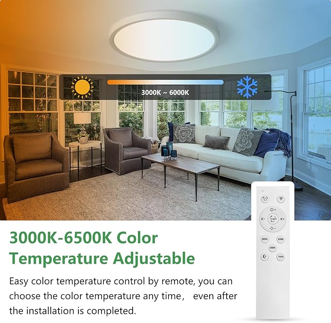 20 Inch Large LED Flush Mount Ceiling Light with Remote, 40W,4350LM, 3000K-6000K Selectable, White Round Flat Panel Low Profile Ceiling Light Fitures for Hallway, Kitchen, Bedroom, Laundry Room