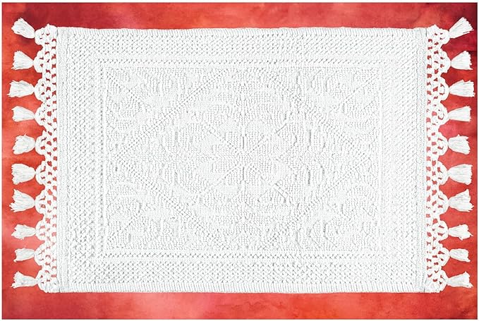 Savi Home Cotton Woven Jacquard Bathroom Rug, 17"x30" Non-Slip Bath Mat with Woven Fringe, 100% Cotton, Durable and Absorbent, White