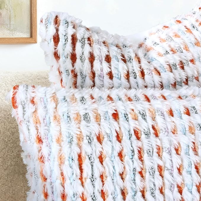 Boho Chenille Tufted Pillow Cover 14x36 Inch Set of 1, Farmhouse Striped Decorative Pillow Covers Accent Fluffy Neutral Long Body Bolster Pillow for Couch Sofa Bedroom Living Room, Orange