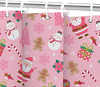 Pink Christmas Shower Curtain, Cartoon Santa Claus Snowman Penguin Pine Fir Tree Socks Xmas Pattern Winter Holiday Shower Curtain Bathroom Decor, Durable Fabric Machine Washable with Hooks, 72 x 72 In