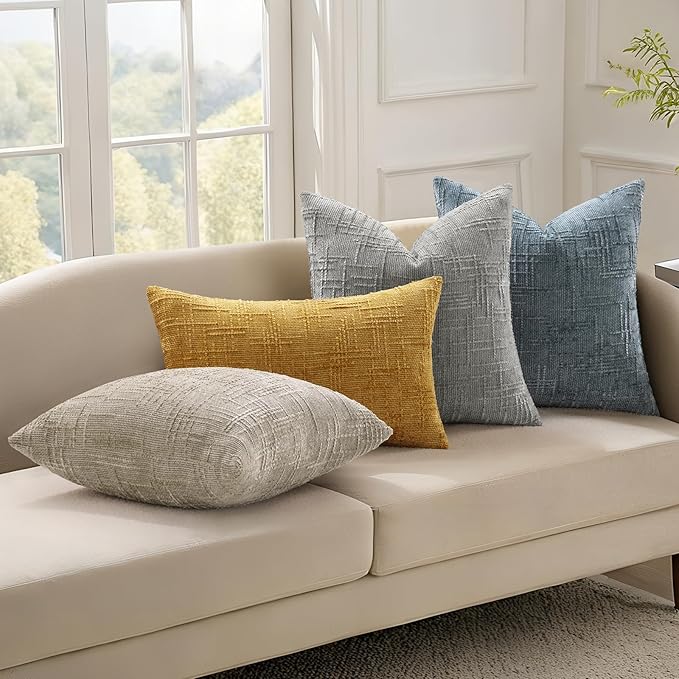 decorUhome Fall Light Brown Chenille Throw Pillow Covers 18x18 Set of 2 Thick Textured Slubby Couch Pillow Covers Farmhouse Accent Modern Neutral Decorative Pillow Cases for Bed Sofa Living Room