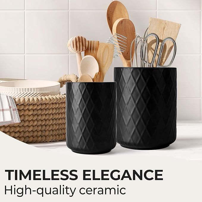 MIAMIO – Kitchen Utensil Holder Ceramic/Kitchen Organizer Set, Farmhouse Decor for Organizing Countertop and Storing Cutlery, Cooking Spoons, and Accessories - Palmanova Collection (Black)