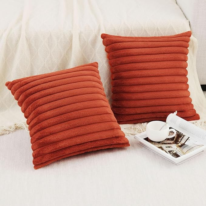 Pallene Faux Fur Plush Fall Throw Pillow Covers 22x22 Set of 2, Luxury Soft Fluffy Striped Decorative Pillow Covers for Sofa, Couch, Living Room, Rust