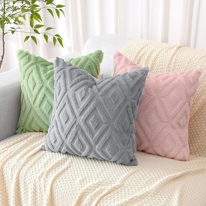 Pallene Grey Throw Pillow Covers 20x20 Set of 2, Soft Plush Faux Fur Decorative Couch Pillow Covers for Sofa Bed Living Room Pillow Cases with 3D Diamond Pattern