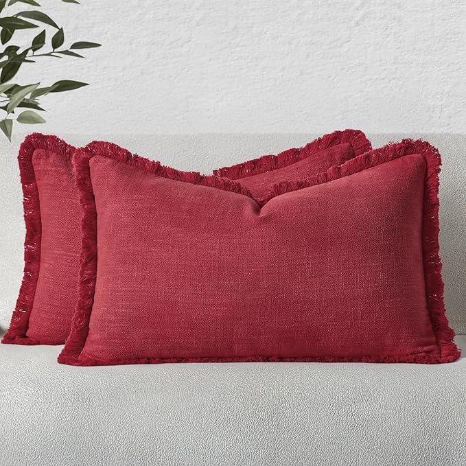 MIULEE Christmas Decorative Lumbar Throw Pillow Covers Neutral Linen Fringe Throw Pillows Set of 2 Burgundy Boho Farmhouse Cushion Covers for Couch Sofa Bed Living Room Spring Home Decor 12x20 Inch
