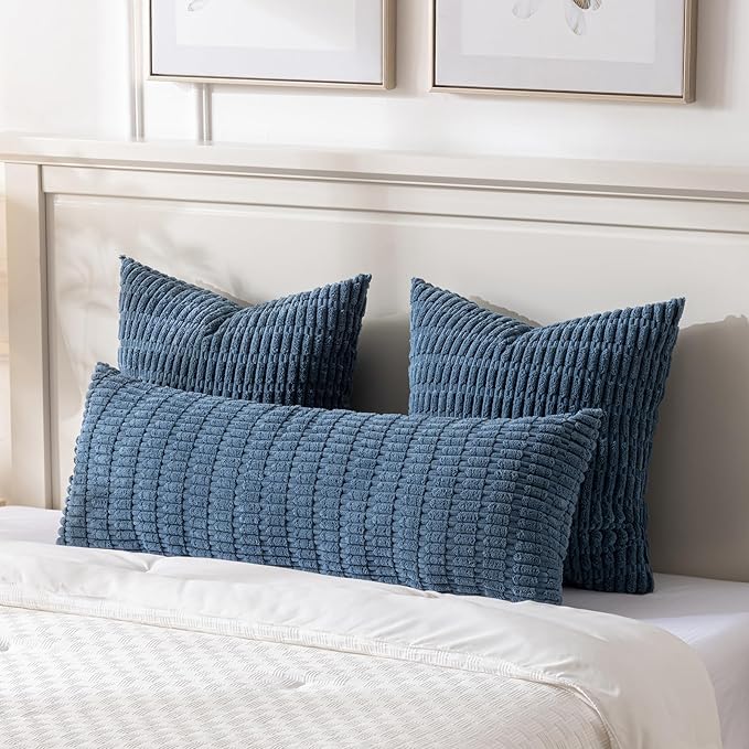 Fancy Homi Dusty Blue Long Body Lumbar Decorative Throw Pillow Covers 20x54 Inch for Bed Couch Bedroom Bench, Soft Corduroy Rectangle Solid Pillow Case, Rustic Farmhouse Boho Room Decor