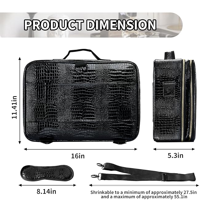 gzcz Large Capacity Travel Makeup Case Organizer,Professional Cosmetic Bags for Women,Waterproof PU Leather Makeup Bag with Adjustable Dividers and Shoulder Strap for Brushes and Jewelry