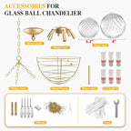 Longree Nordic Bubble Ball Swirled Glass Chandelier, Diam 24 inch Gild Gold and Clear Blown Glass Hanging Pendant Light Fixture for Bedroom Study Restaurant