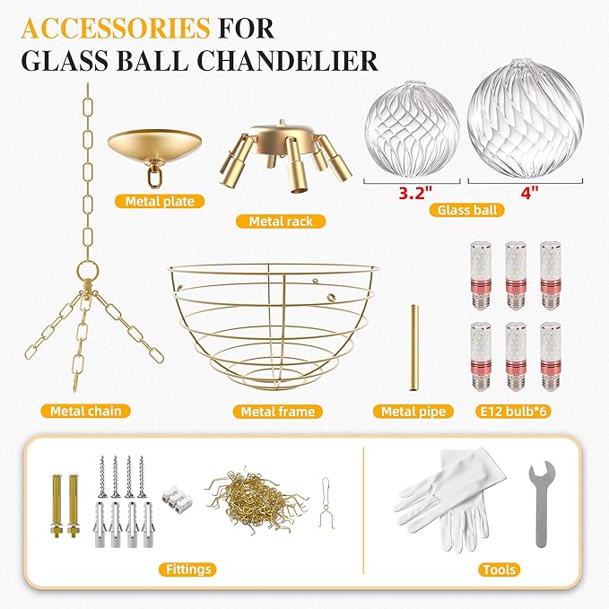 Bubble Glass Chandelier Pendant Lights Fixture Dia 24 inch Cluster Swirled Clear Blown Glass Ribbed Globe Decorative Lighting Fixture for Living Room Bedroom Dining Room Island