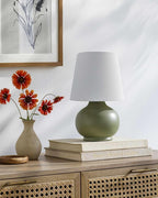 BoutiqueRugs Navarro Boho Ceramic Bedside Table Lamp for Bedroom Nightstand and Living Room - Shade Cotton - Green, White - 13" H