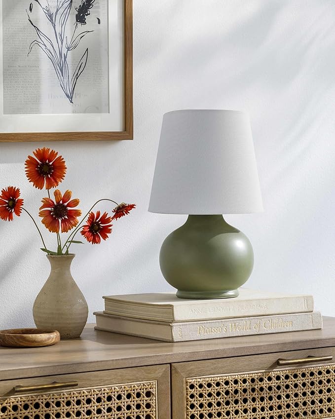 BoutiqueRugs Navarro Boho Ceramic Bedside Table Lamp for Bedroom Nightstand and Living Room - Shade Cotton - Green, White - 13" H