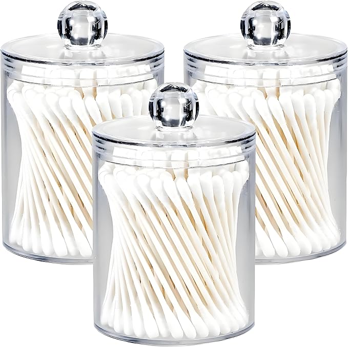 AXX Qtip Dispenser Apothecary Jars Bathroom - Qtip Holder Storage Canister Clear Plastic Jar for Cotton Swab,Q-Tips,Cotton Rounds (Clear 3Pcs)