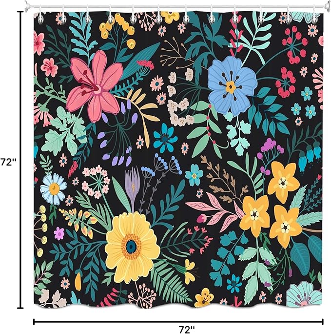 Boho Floral Shower Curtain, Colorful Flower Leaves Design for Bathroom Decor, Modern Rustic Country Wildflower Black Fabric Shower Curtains Set with Hooks, 72x72 Inches