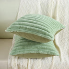 FUTEI Sage Green Striped Decorative Throw Pillow Covers 14x14 Inch Set of 2,Square Winter Decorations Couch Pillow Case,Soft Cozy Faux Rabbit Fur & Velvet Back,Modern Home Decor for Bed