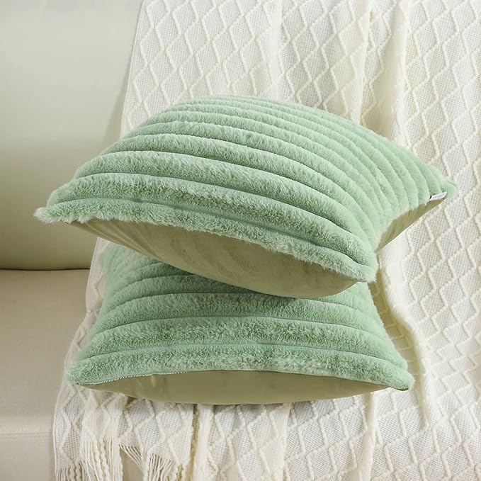 FUTEI Sage Green Striped Decorative Throw Pillow Covers 24x24 Inch Set of 2,Square Winter Decorations Couch Euro Pillow Case,Soft Cozy Faux Rabbit Fur & Velvet Back,Modern Home Decor for Bed