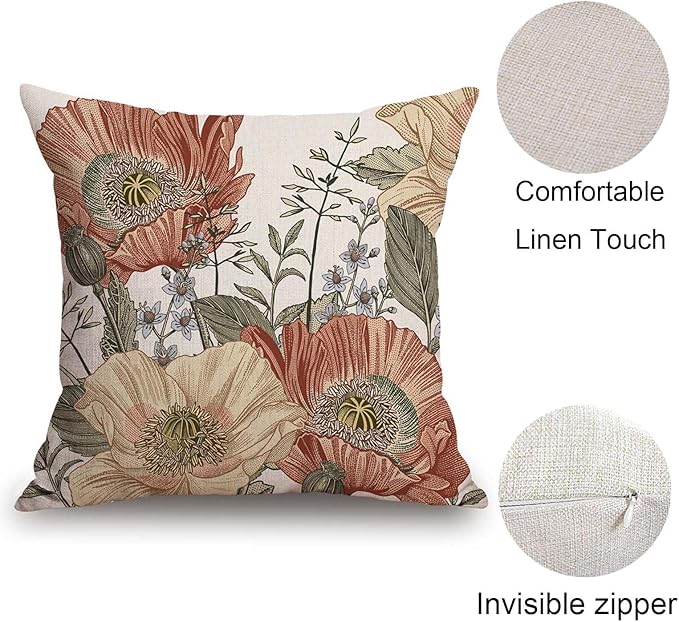 TSSOHU Vintage Flower Throw Pillow Covers 20x20 Brown Rust Colored Floral Botanical Pattern Decorative Pillows Outdoor Linen Farmhouse Cushion Case Country Pillowcase for Sofa Bed Room Decor Set of 2