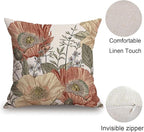TSSOHU Vintage Flower Throw Pillow Covers 18x18 Brown Rust Colored Floral Botanical Pattern Decorative Pillows Outdoor Linen Farmhouse Cushion Case Country Pillowcase for Sofa Bed Room Decor Set of 2