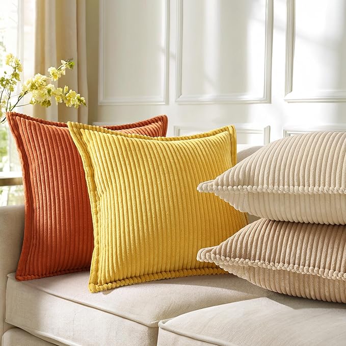 decorUhome Fall Corduroy Rust Throw Pillow Covers 12x20 Set of 2 Decorative Soft Boho Farmhouse Lumbar Euro Couch Pillow Covers for Living Room Bed Sofa Broadside Striped Pillow Cases