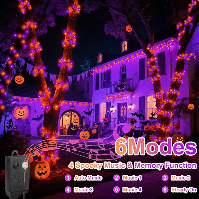 echosari Connectable 400 LED Halloween String Lights, Motion Sensor Scary Sound 66Ft Orange and Purple Halloween Lights Outdoor Waterproof 4 Sound Effects for Yard Party Tree Decor