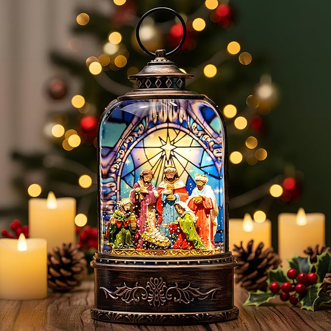Christmas Snow Globe Swirling Glittering Nativity Scene with Music, USB Lined/Battery Operated Lighted Water Lantern for Christmas Festival Decoration Gifts